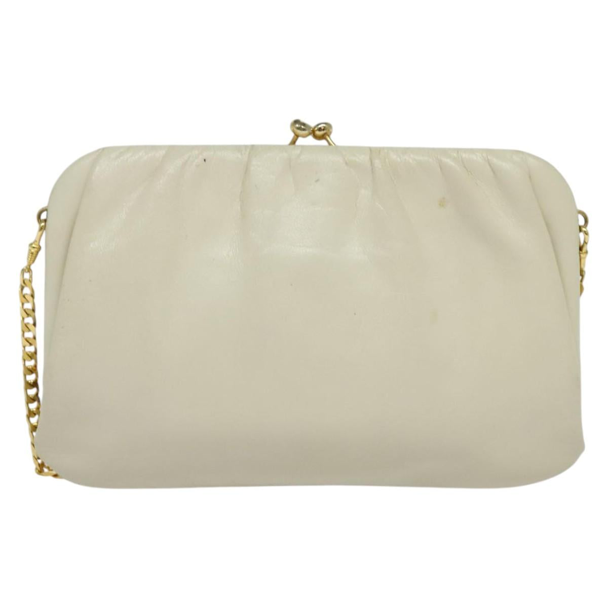 CELINE Chain Shoulder Bag Leather Vintage White Gold Auth BA5291