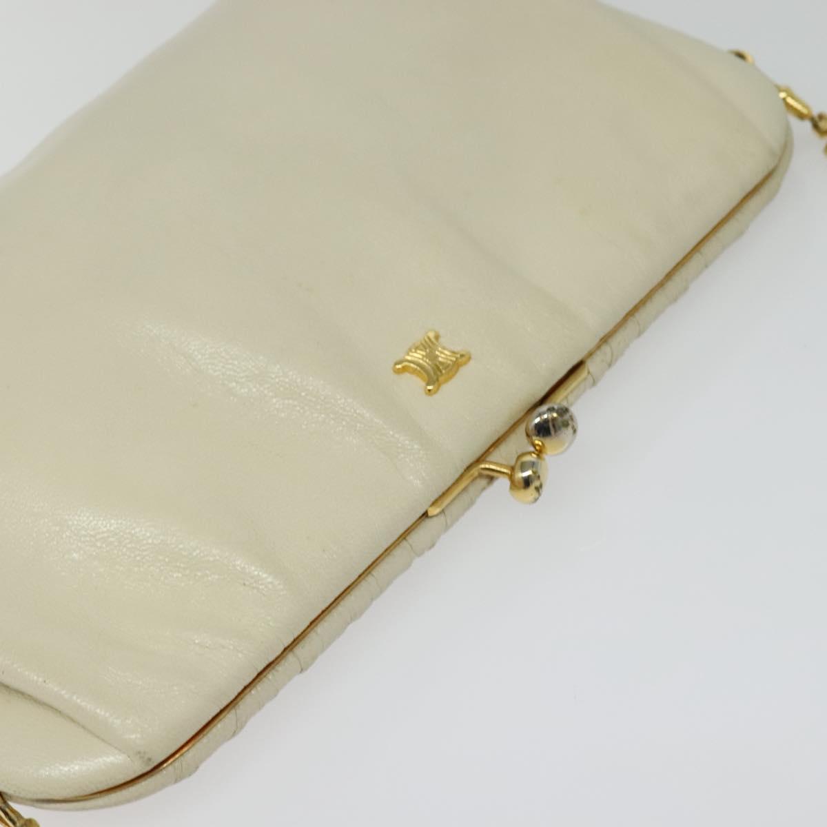 CELINE Chain Shoulder Bag Leather Vintage White Gold Auth BA5291