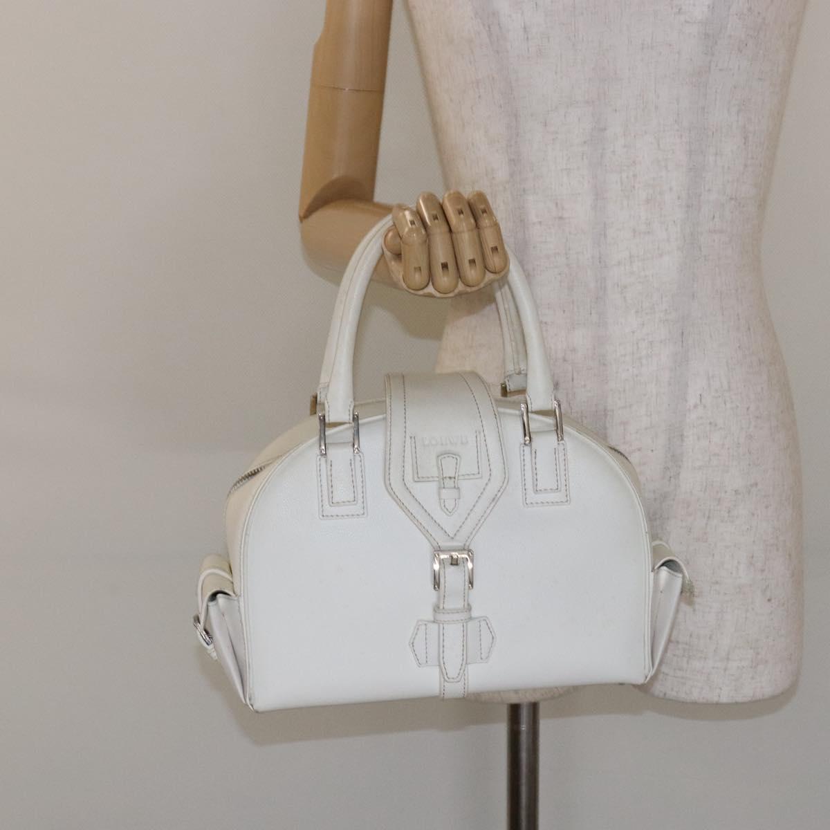 LOEWE Hand Bag Leather White Silver Auth BA5296