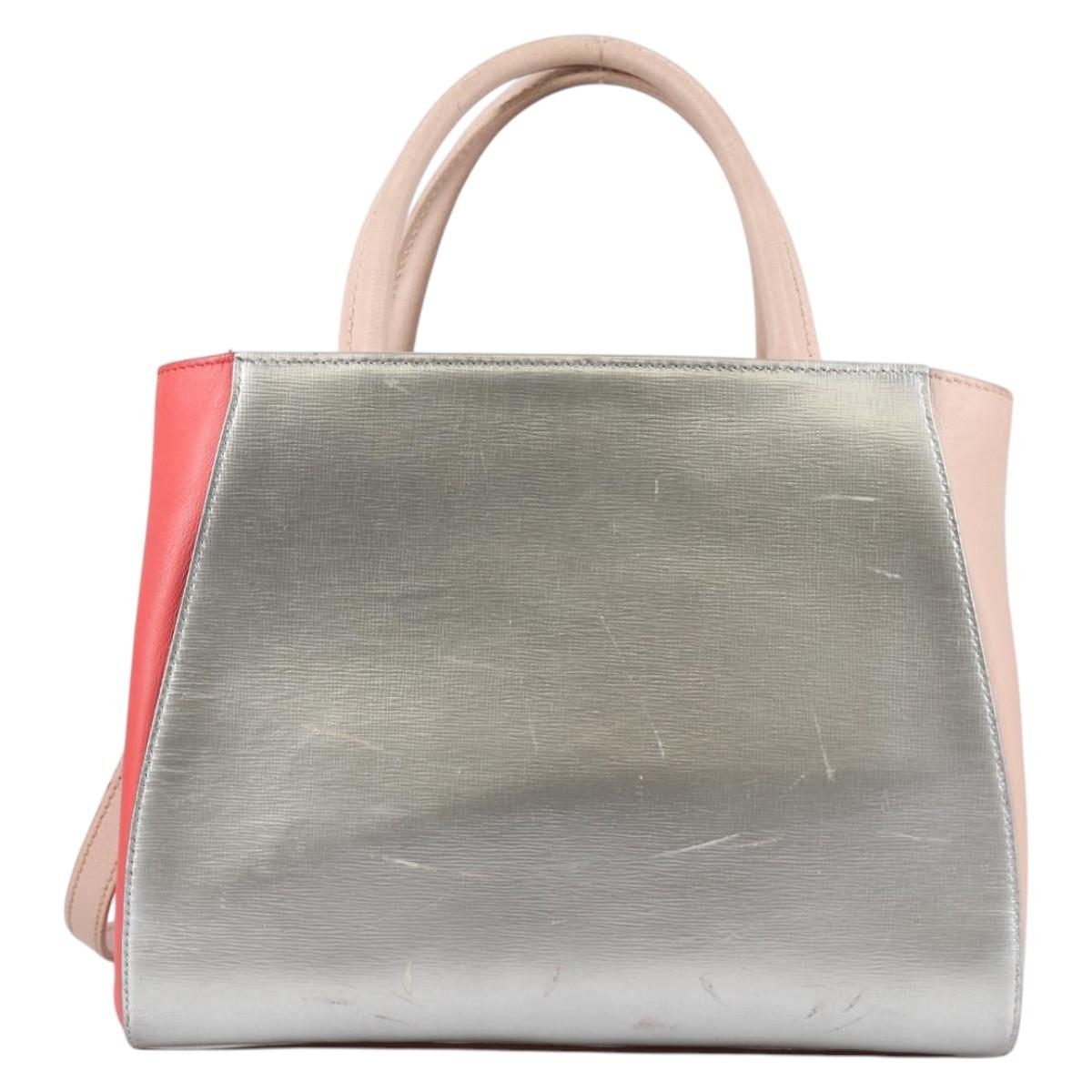 FENDI PETITE 2JOURS Hand Bag Leather 2way Beige Silver Auth BA5301