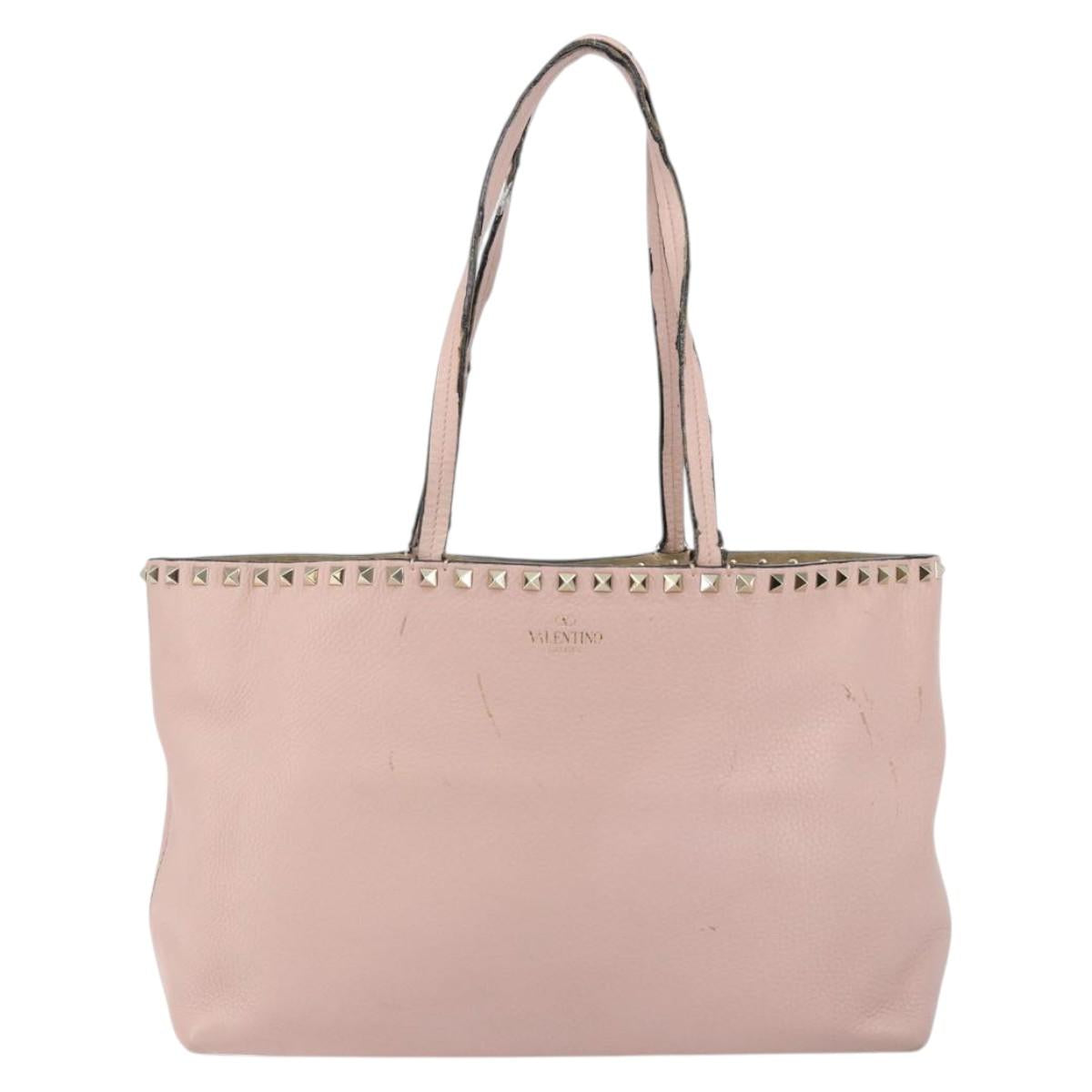 VALENTINO Studs Tote Bag Leather Pink Gold Auth BA5305