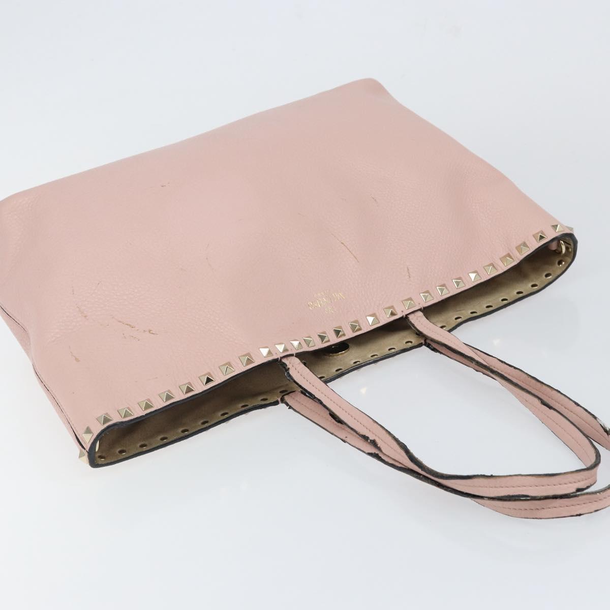 VALENTINO Studs Tote Bag Leather Pink Gold Auth BA5305