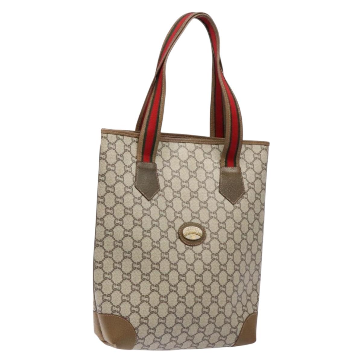 GUCCI GG Plus Supreme Web Sherry Line Tote Bag PVC Beige Red Green Auth BA5310