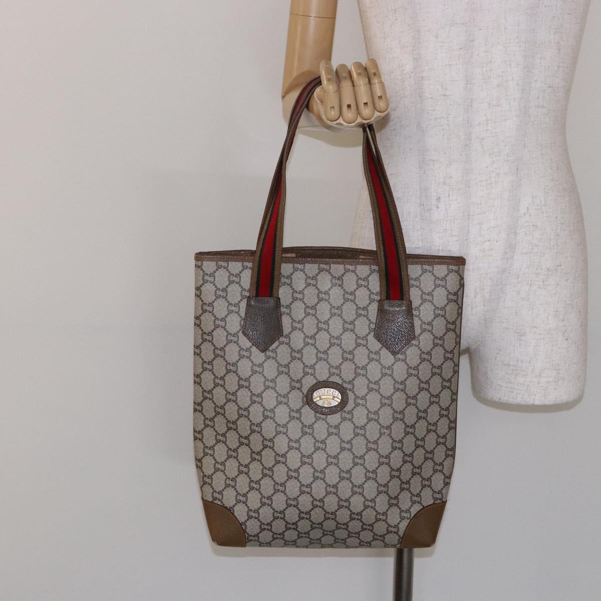GUCCI GG Plus Supreme Web Sherry Line Tote Bag PVC Beige Red Green Auth BA5310