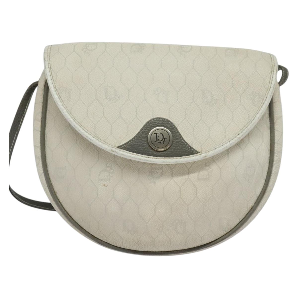 Christian Dior Honeycomb Canvas Shoulder Bag PVC White Gold Auth BA5312