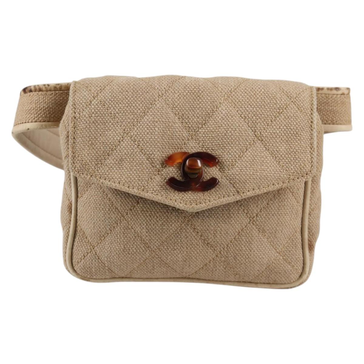 CHANEL Matelasse Waist Bag Canvas Beige CC Auth BA5314