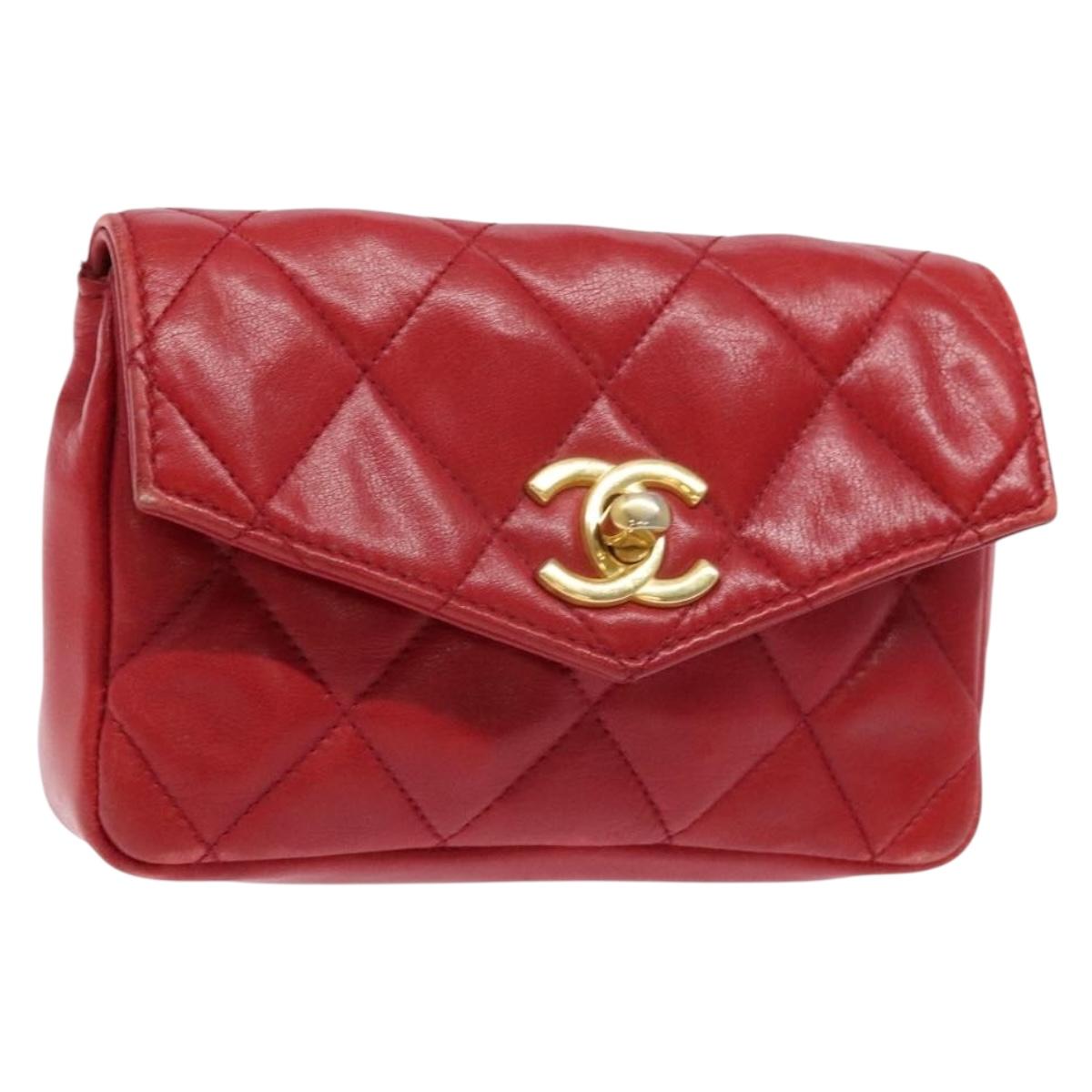 CHANEL Matelasse Waist Bag Lamb Skin Red Gold CC Auth BA5332