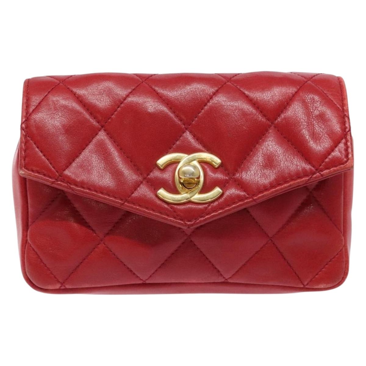 CHANEL Matelasse Waist Bag Lamb Skin Red Gold CC Auth BA5332