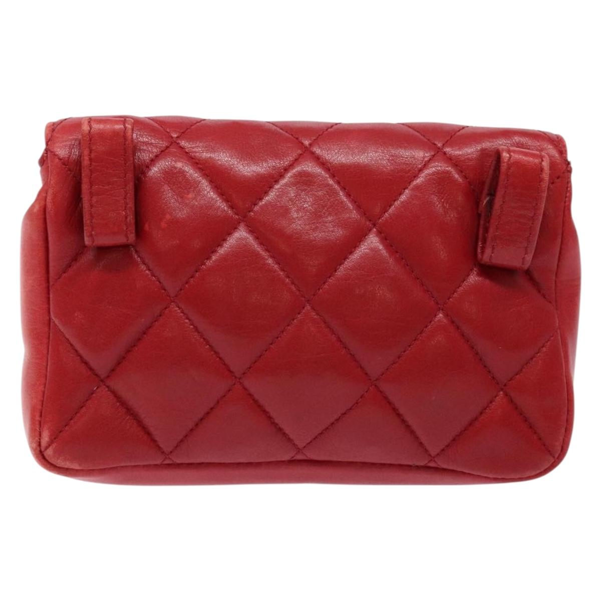 CHANEL Matelasse Waist Bag Lamb Skin Red Gold CC Auth BA5332