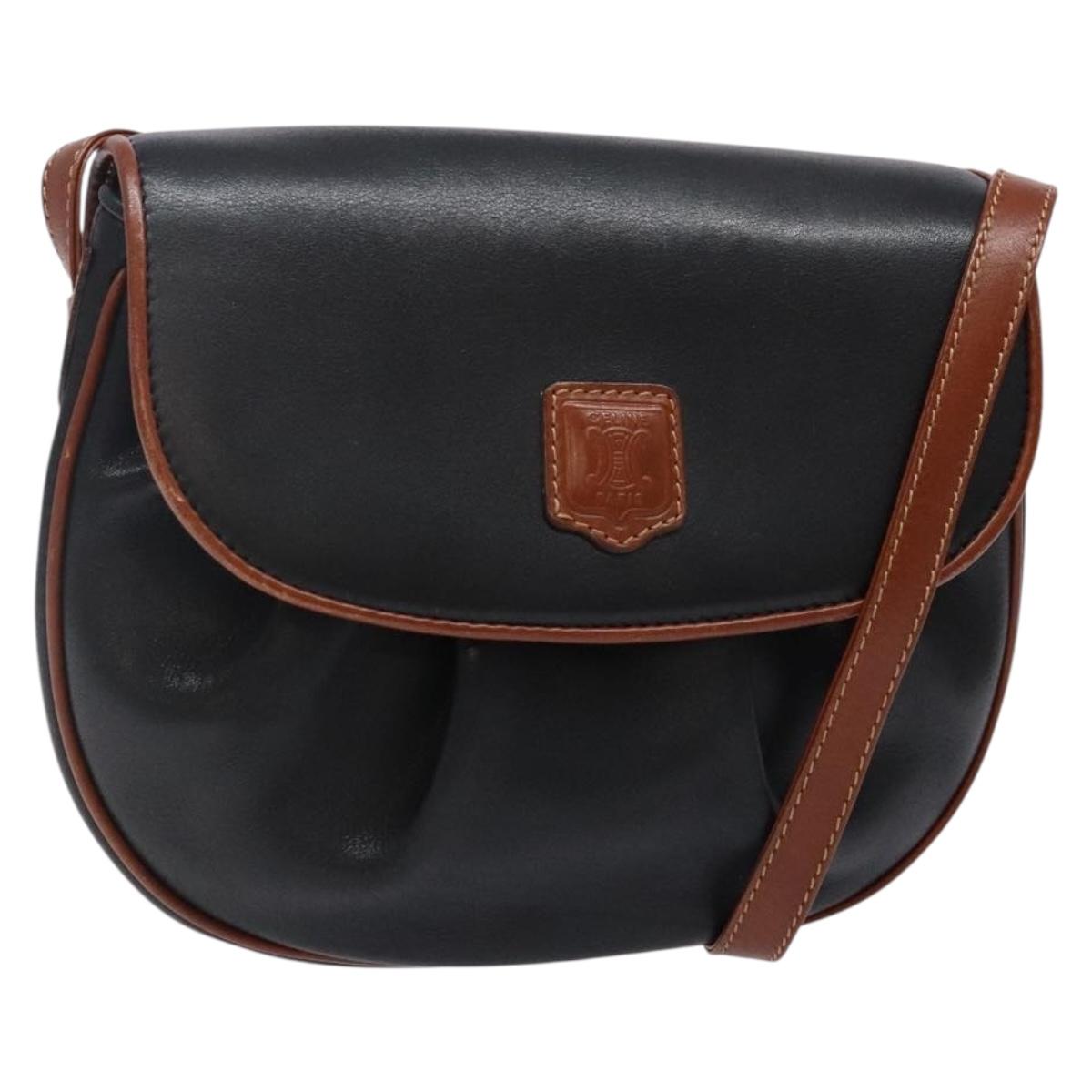 CELINE Shoulder Bag Leather Black Gold Auth BA5334