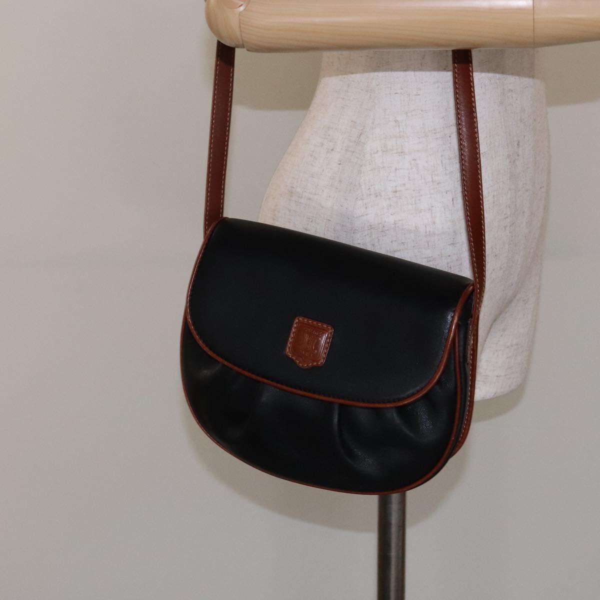 CELINE Shoulder Bag Leather Black Gold Auth BA5334