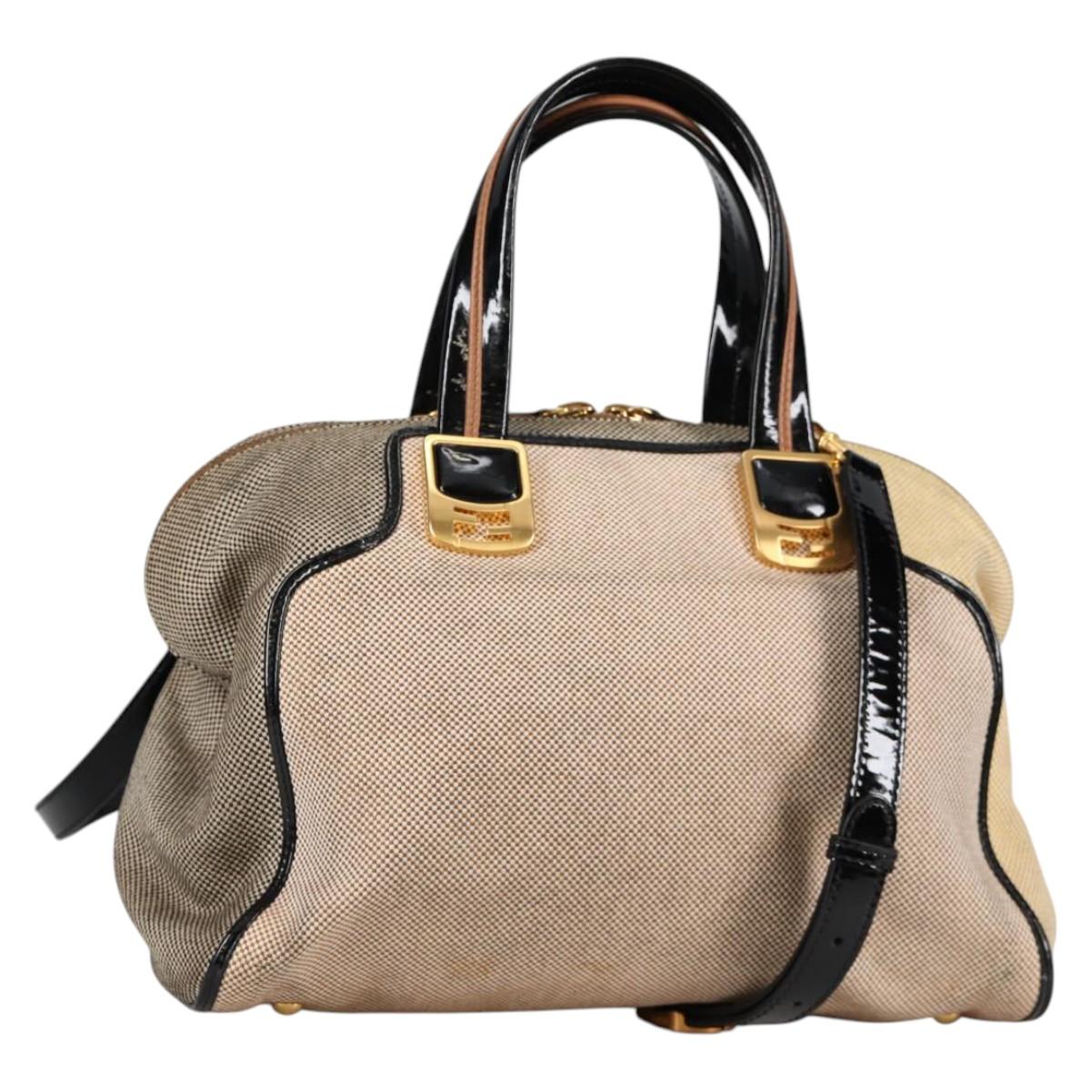 FENDI Camel Rain Hand Bag Canvas 2way Beige Gold Auth BA5335
