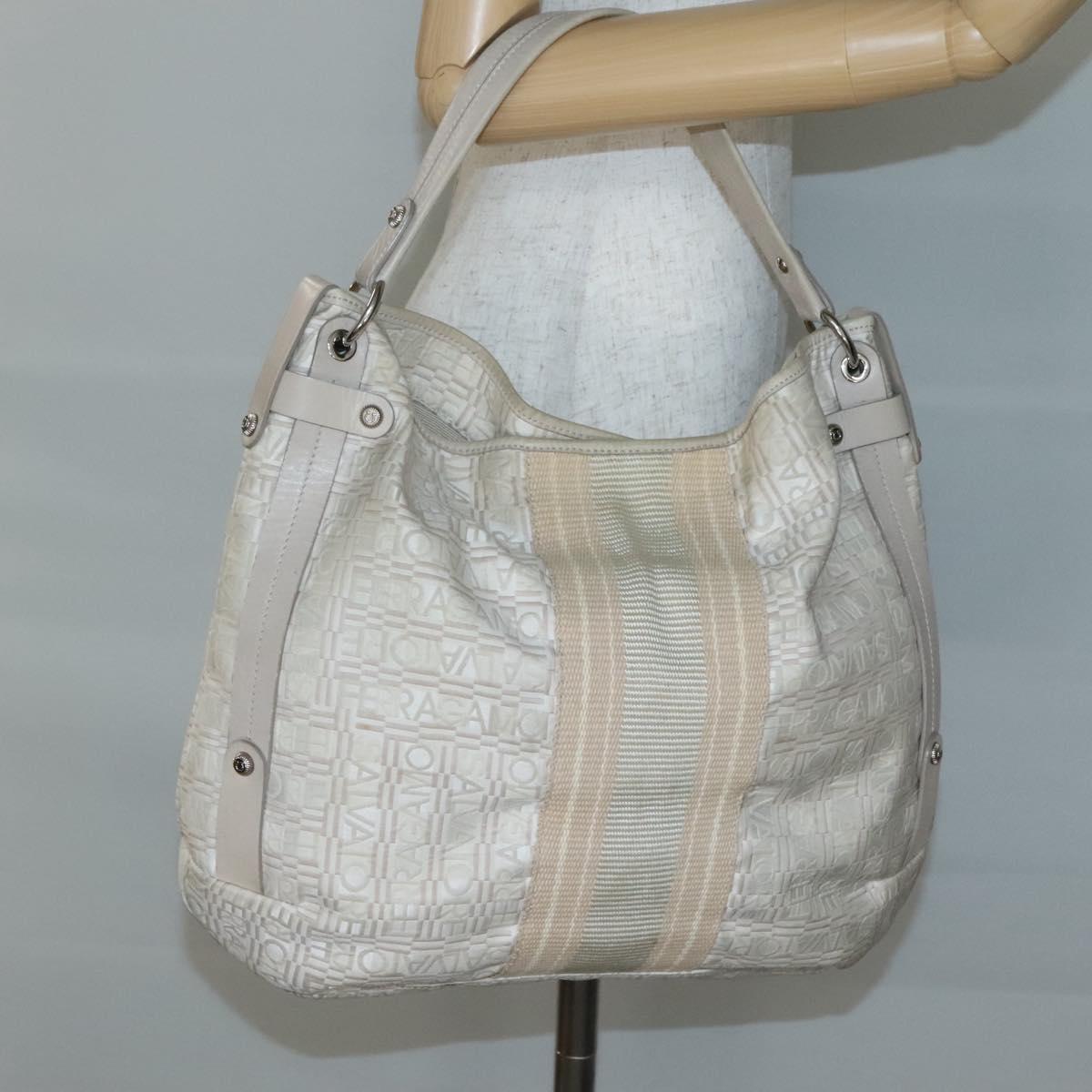 Salvatore Ferragamo Shoulder Bag Nylon Beige Silver Auth BA5336