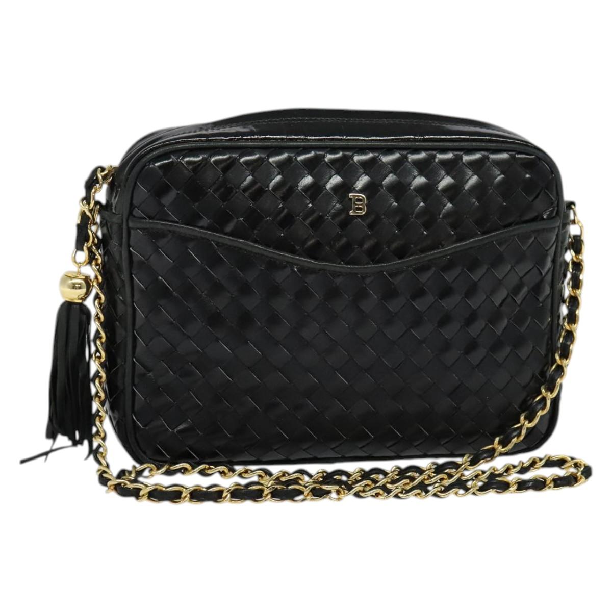 BALLY Quilted Chain Shoulder Bag Leather Black Gold Auth BA5339