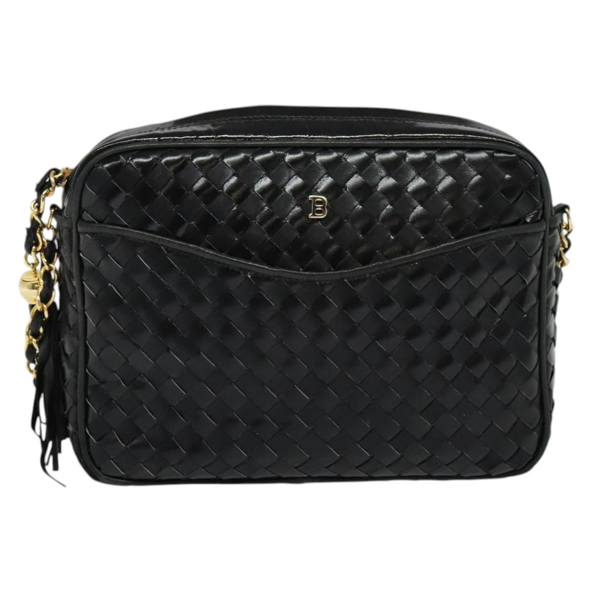 BALLY Quilted Chain Shoulder Bag Leather Black Gold Auth BA5339