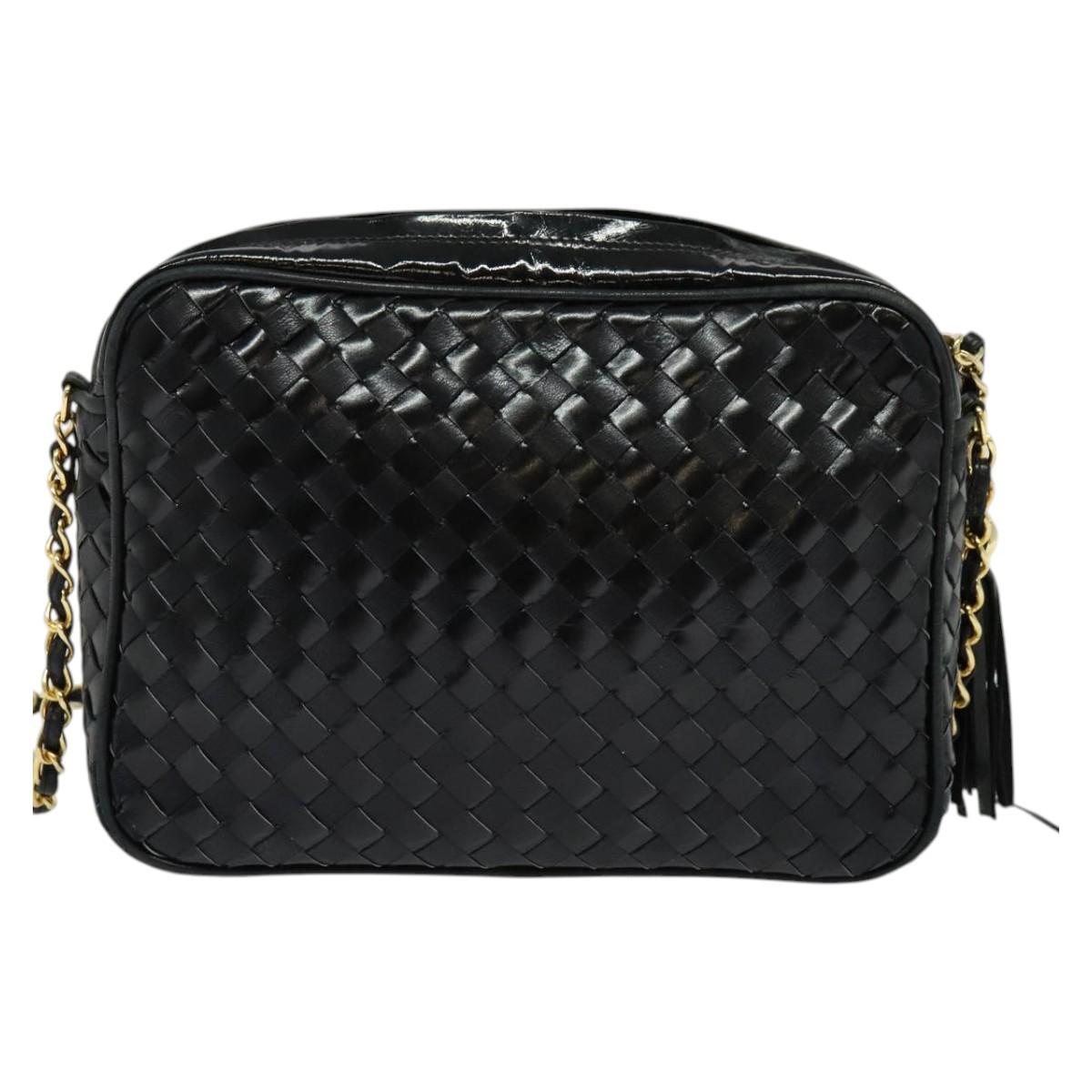 BALLY Quilted Chain Shoulder Bag Leather Black Gold Auth BA5339