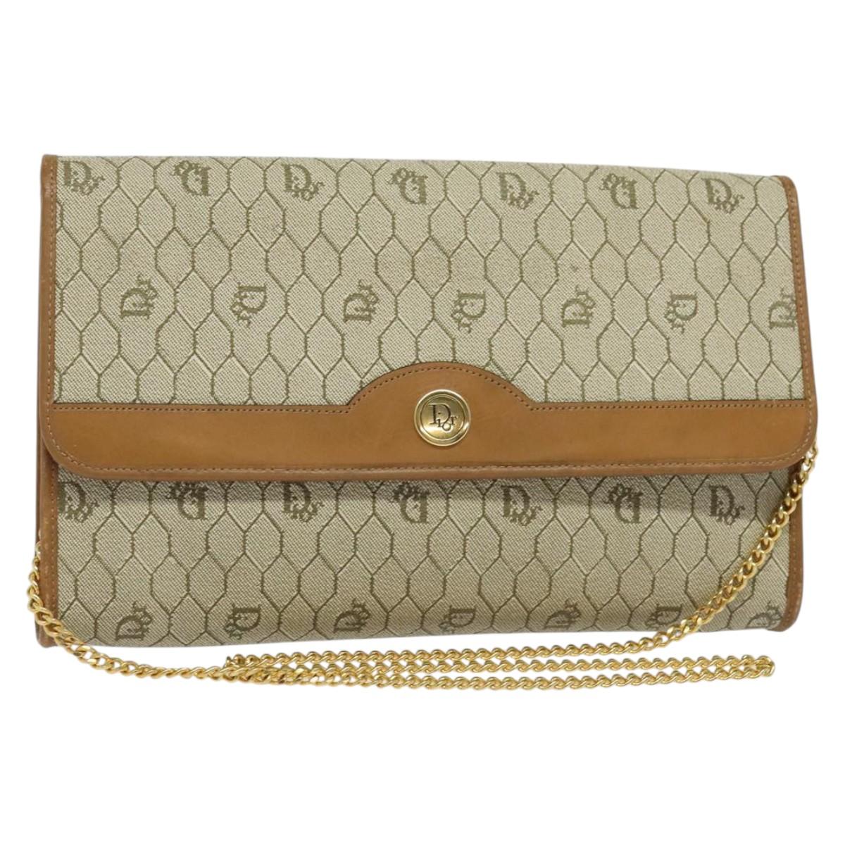 Christian Dior Honeycomb Canvas Chain Shoulder Bag PVC Beige Gold Auth BA5344