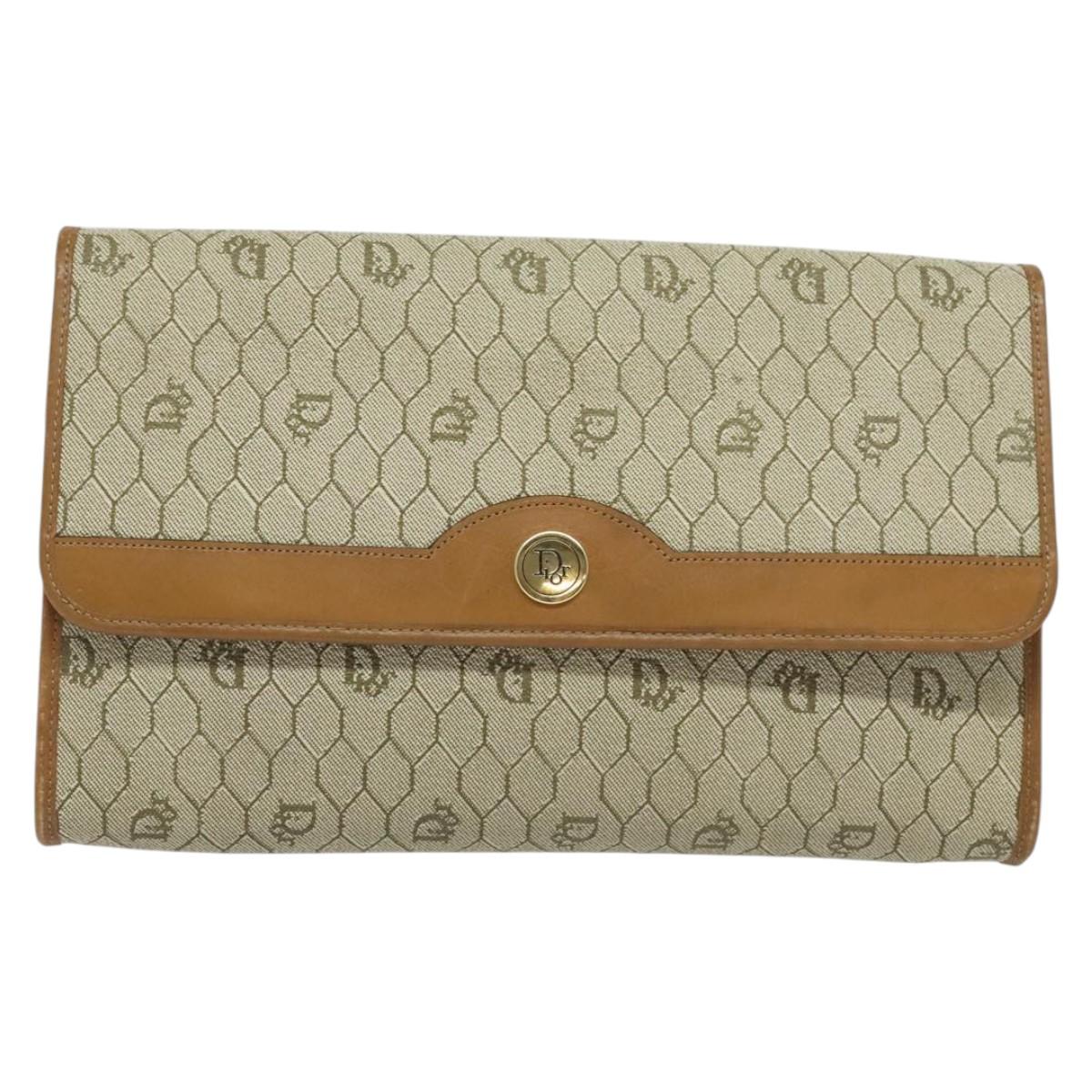 Christian Dior Honeycomb Canvas Chain Shoulder Bag PVC Beige Gold Auth BA5344