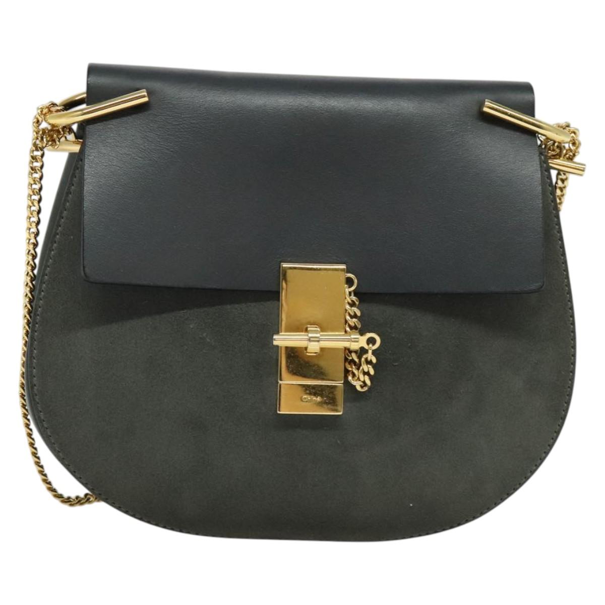 Chloe Chain Drew Shoulder Bag Leather Khaki Gold Auth BA5346