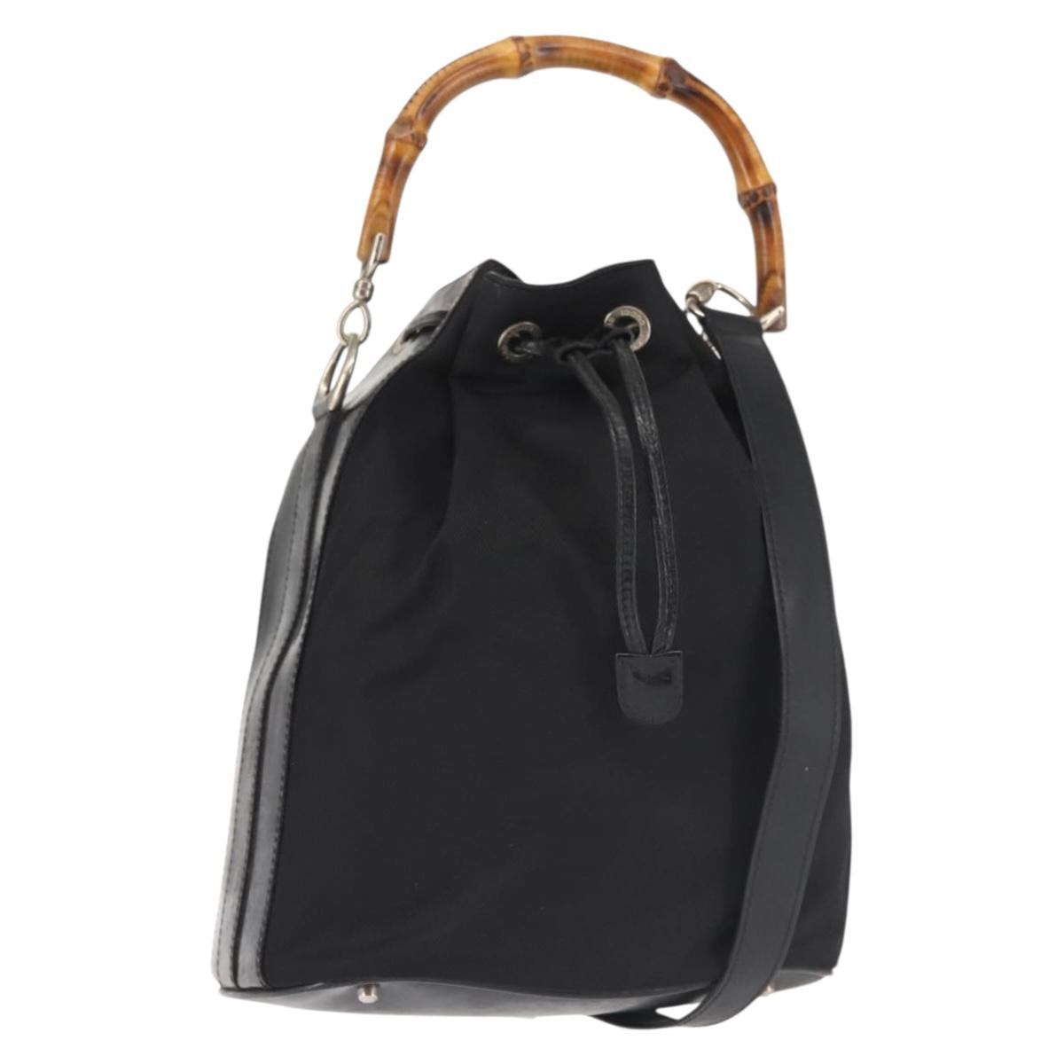 GUCCI Bamboo Hand Bag Nylon 2way Black Silver Auth BA5354