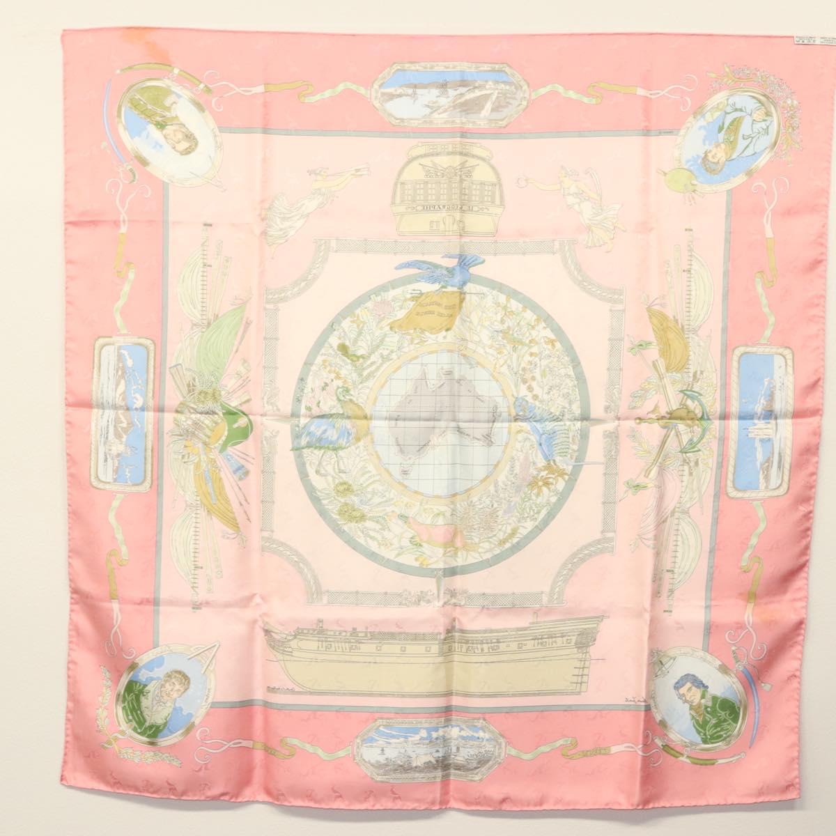 HERMES Carre 90 Scarf ""ORBIS AUSTRALIS DULCES EXUVIAE"" Silk Pink Auth BA5385