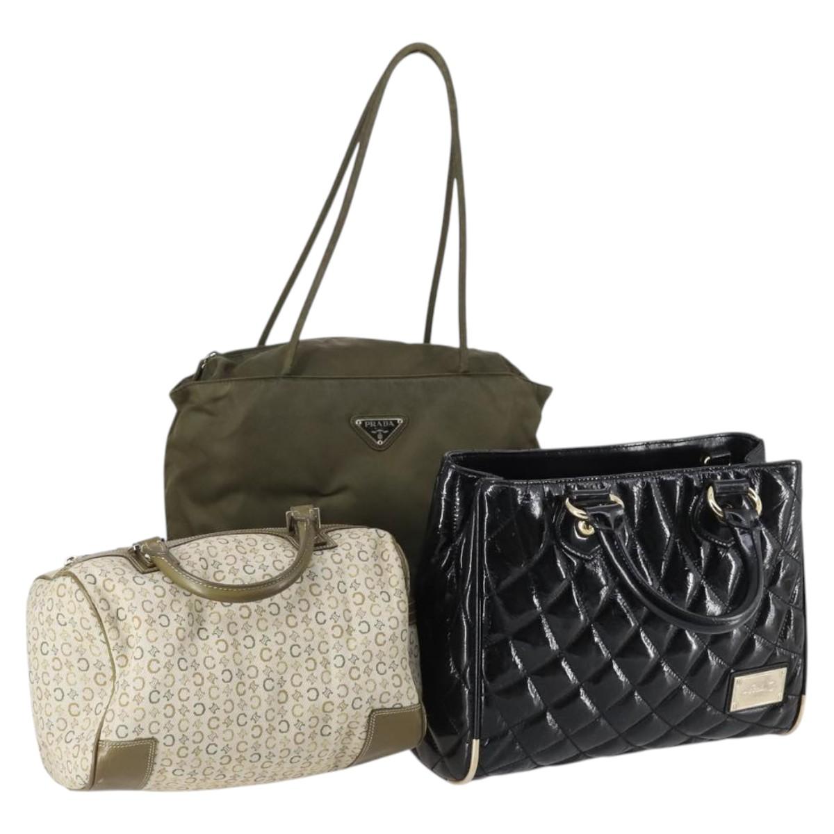 BALLY Celine PRADA C Macadam Bag Nylon Enamel 3Set Beige Khaki black Auth BA5394