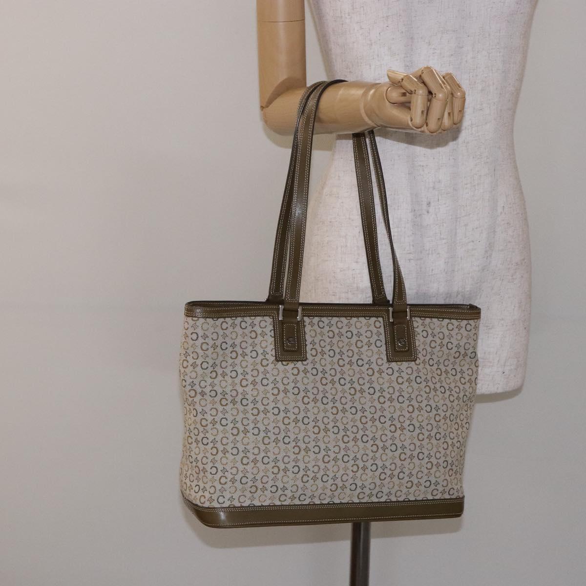 CELINE C Macadam Canvas Tote Bag Khaki Silver Auth BA5408