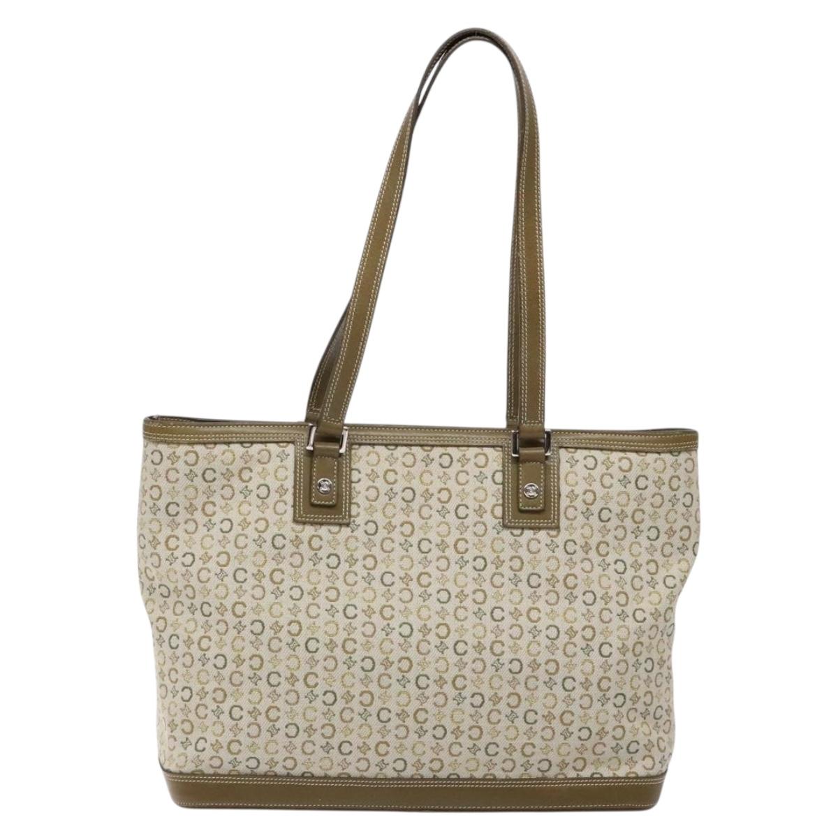 CELINE C Macadam Canvas Tote Bag Khaki Silver Auth BA5408