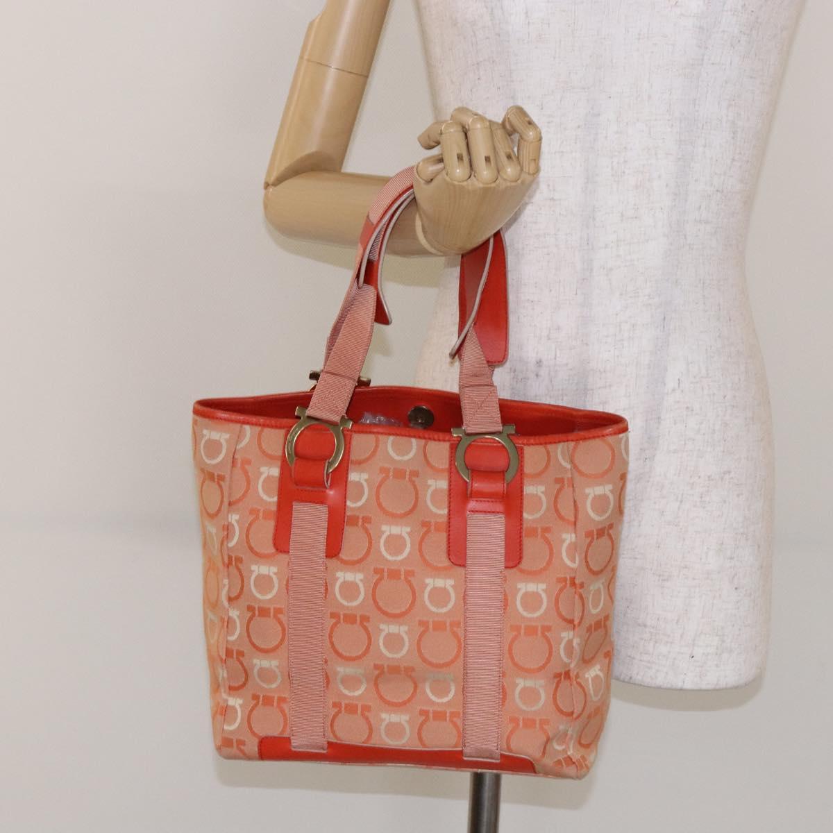 Salvatore Ferragamo Gancini Tote Bag Canvas Orange Gold Auth BA5410