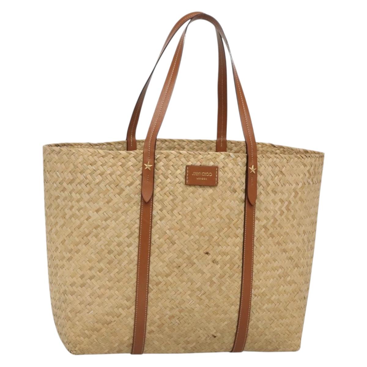 Jimmy Choo Studs Tote Bag Straw Beige Auth BA5421