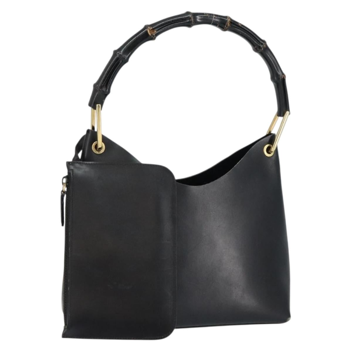 GUCCI Bamboo Shoulder Bag Leather Black Gold 001 1998 1883 Auth BA5422