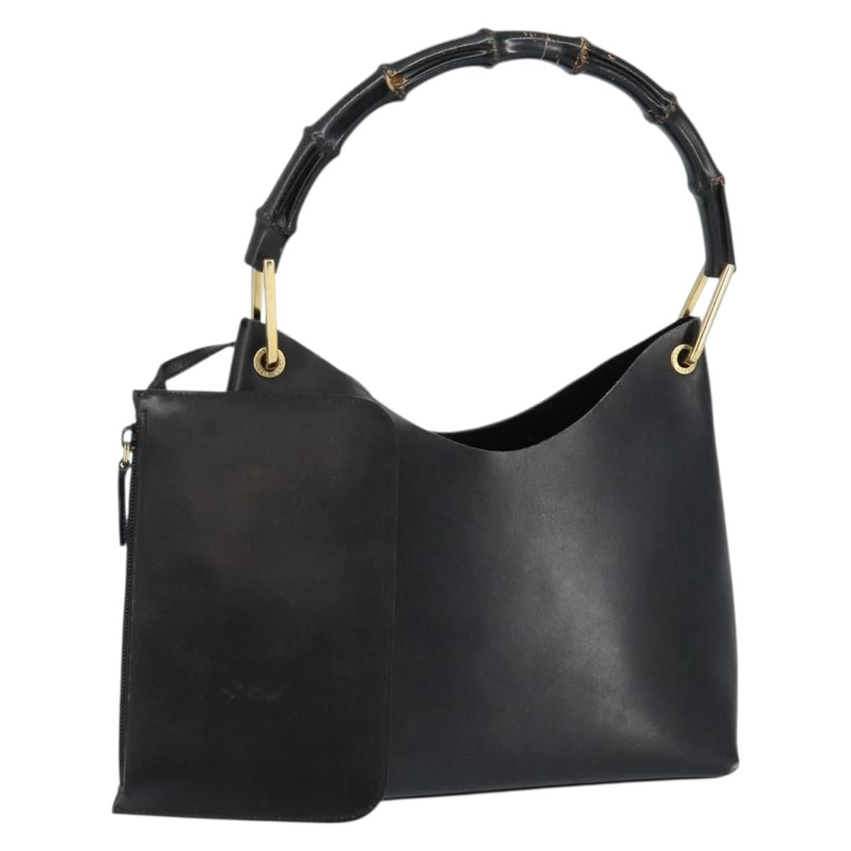 GUCCI Bamboo Shoulder Bag Leather Black Gold 001 1998 1883 Auth BA5422