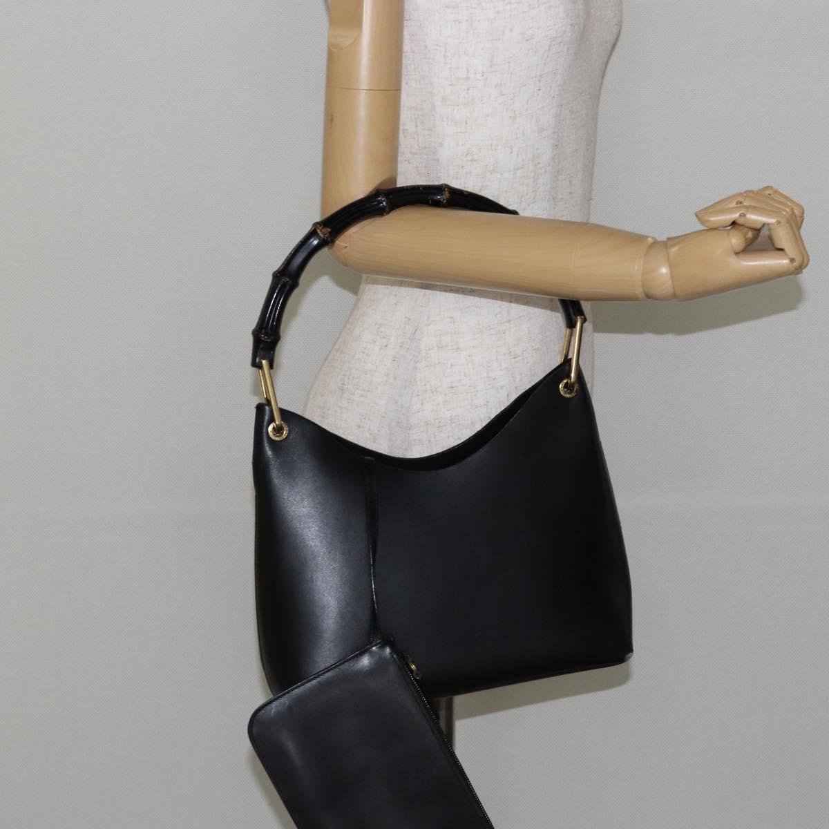GUCCI Bamboo Shoulder Bag Leather Black Gold 001 1998 1883 Auth BA5422
