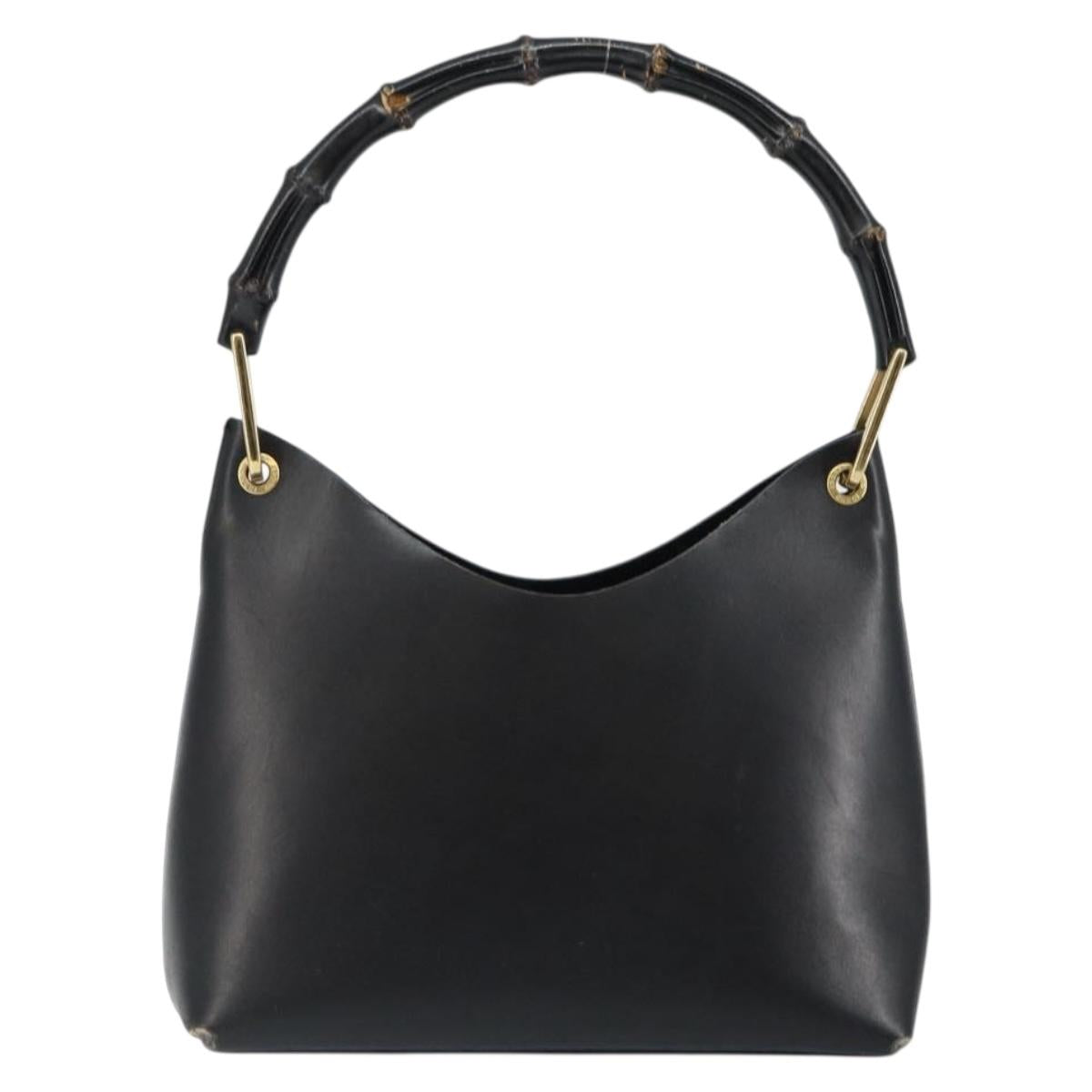 GUCCI Bamboo Shoulder Bag Leather Black Gold 001 1998 1883 Auth BA5422