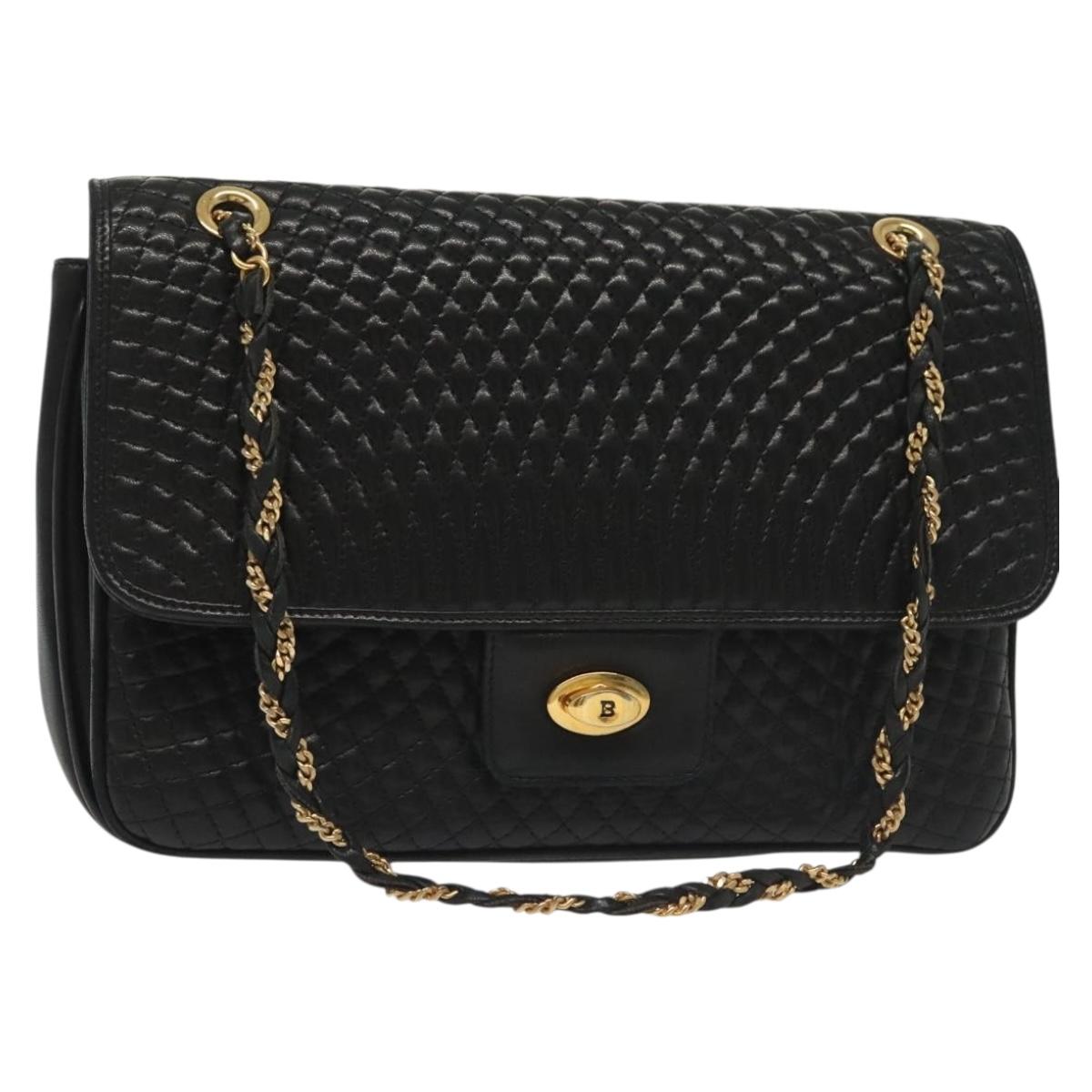 BALLY Quilted Chain Shoulder Bag Leather Black Gold Auth BA5432