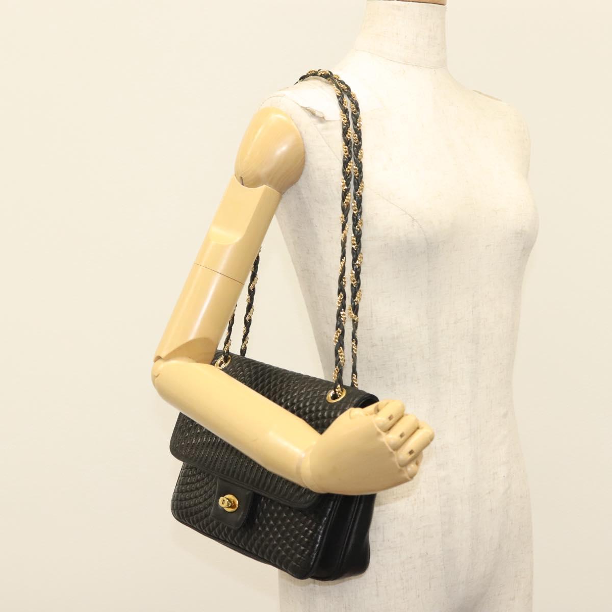 BALLY Quilted Chain Shoulder Bag Leather Black Gold Auth BA5432