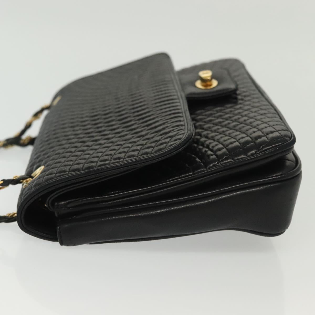 BALLY Quilted Chain Shoulder Bag Leather Black Gold Auth BA5432