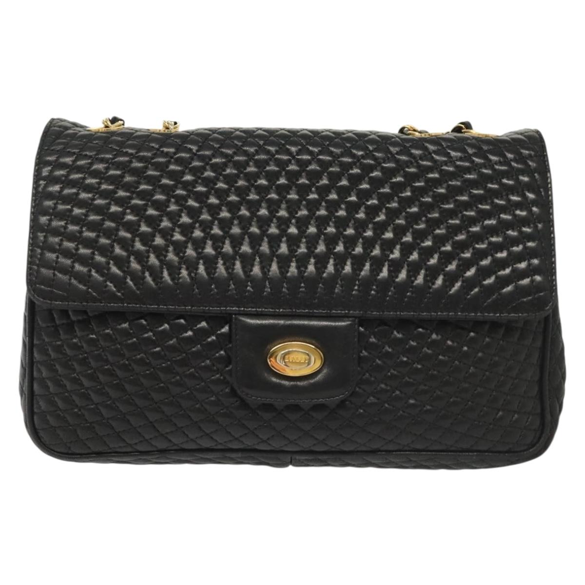 BALLY Quilted Chain Shoulder Bag Leather Black Gold Auth BA5433