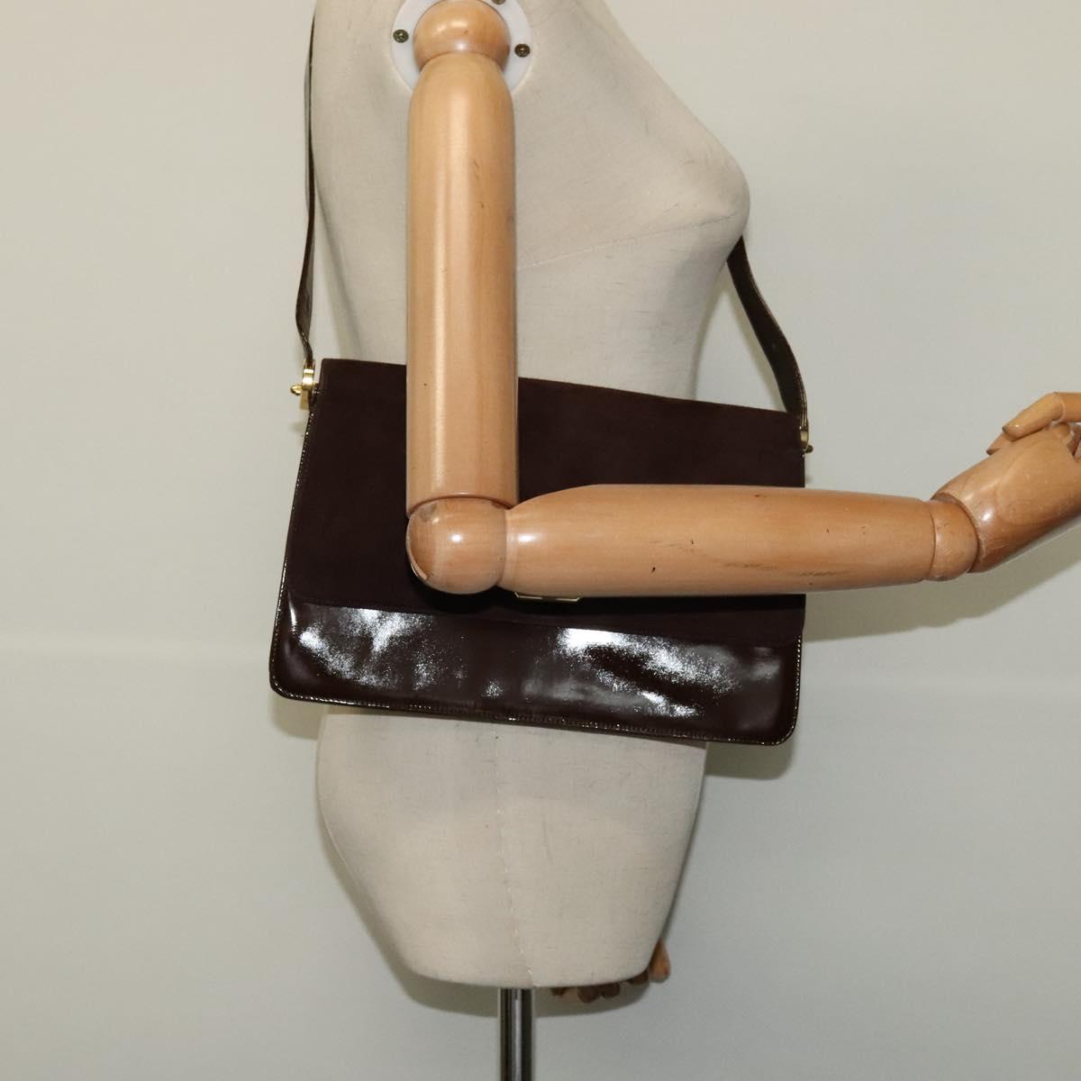 BALLY Shoulder Bag Suede Dark Brown Gold Auth BA5436