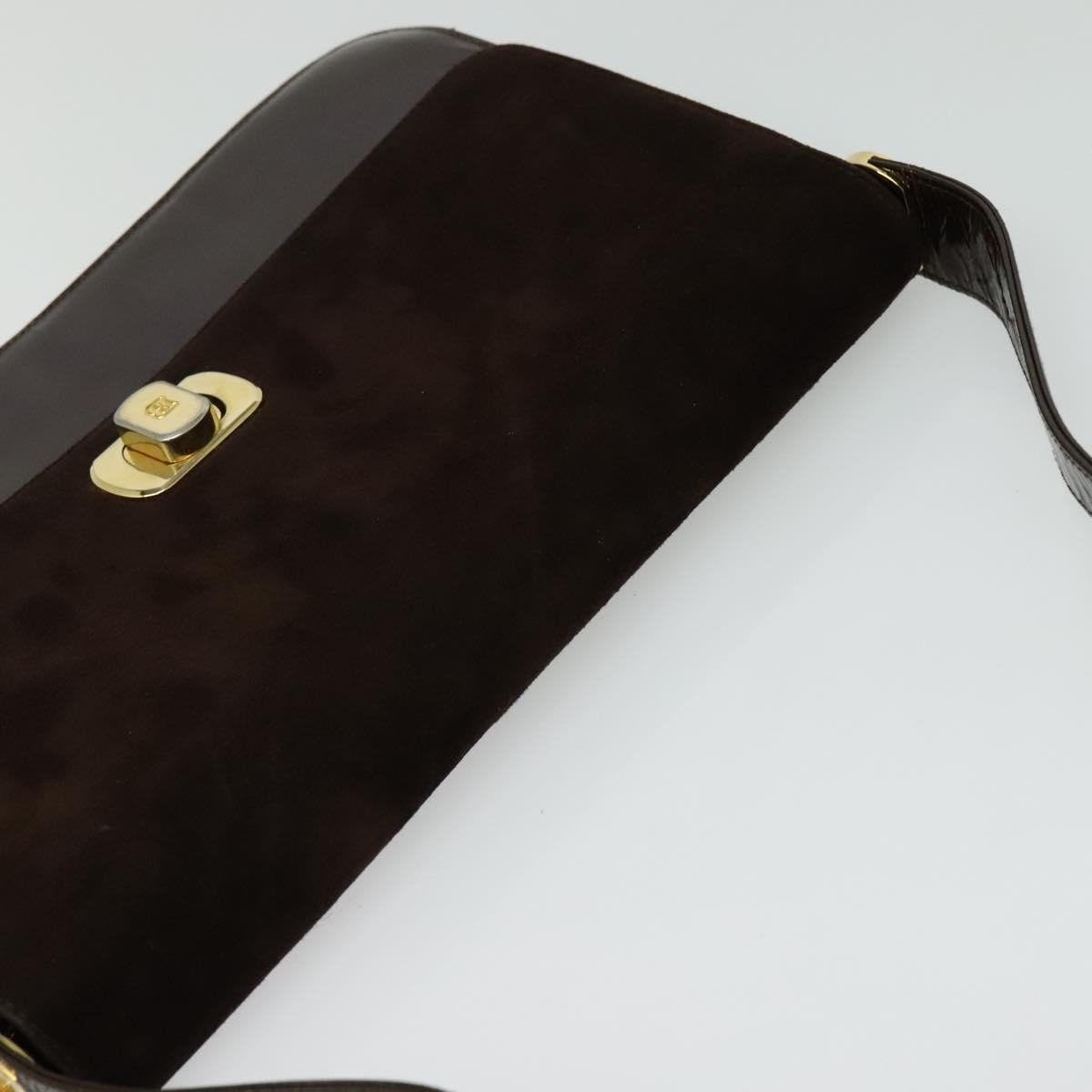 BALLY Shoulder Bag Suede Dark Brown Gold Auth BA5436