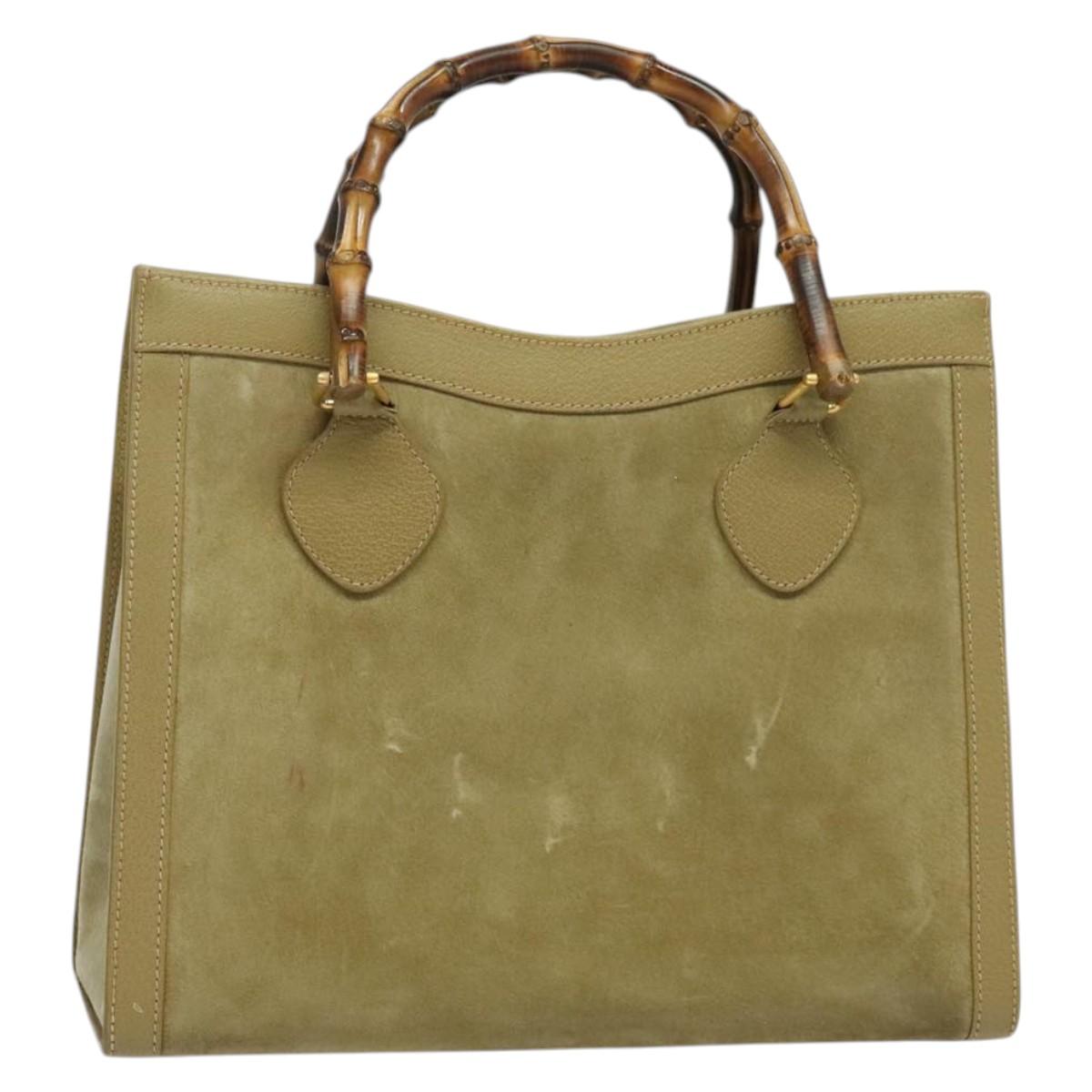 GUCCI Bamboo Hand Bag Suede Leather Green Gold 002 853 0260 Auth BA5474