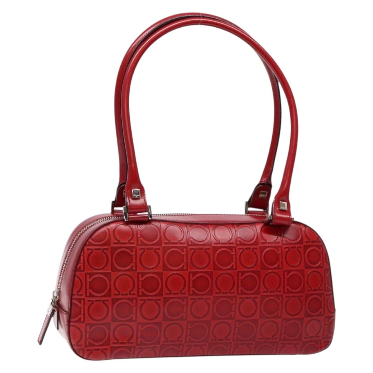 Salvatore Ferragamo Shoulder Bag Leather Red Silver Auth BA5488