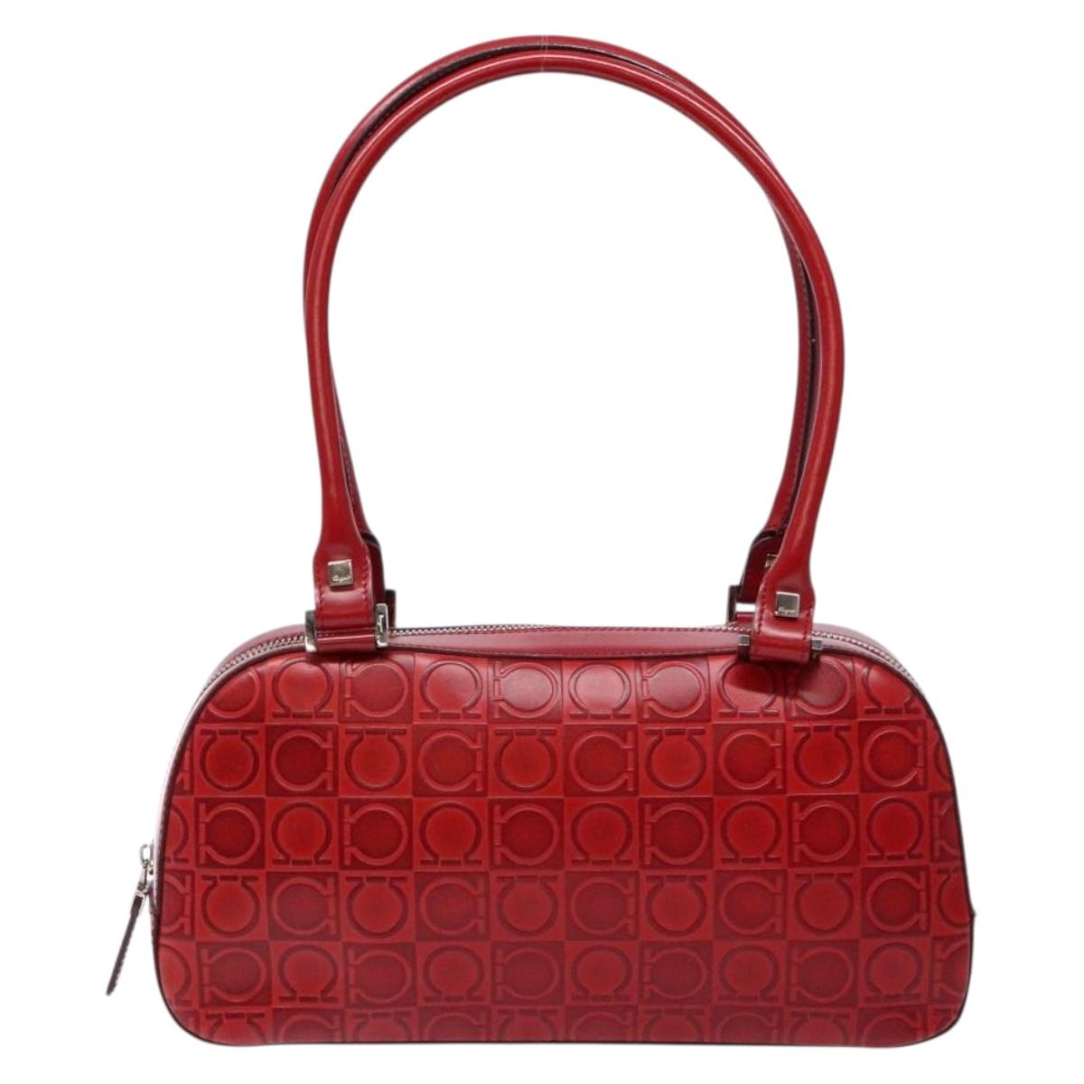 Salvatore Ferragamo Shoulder Bag Leather Red Silver Auth BA5488