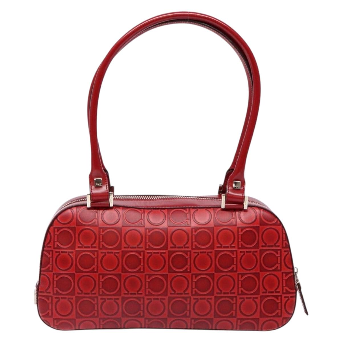 Salvatore Ferragamo Shoulder Bag Leather Red Silver Auth BA5488