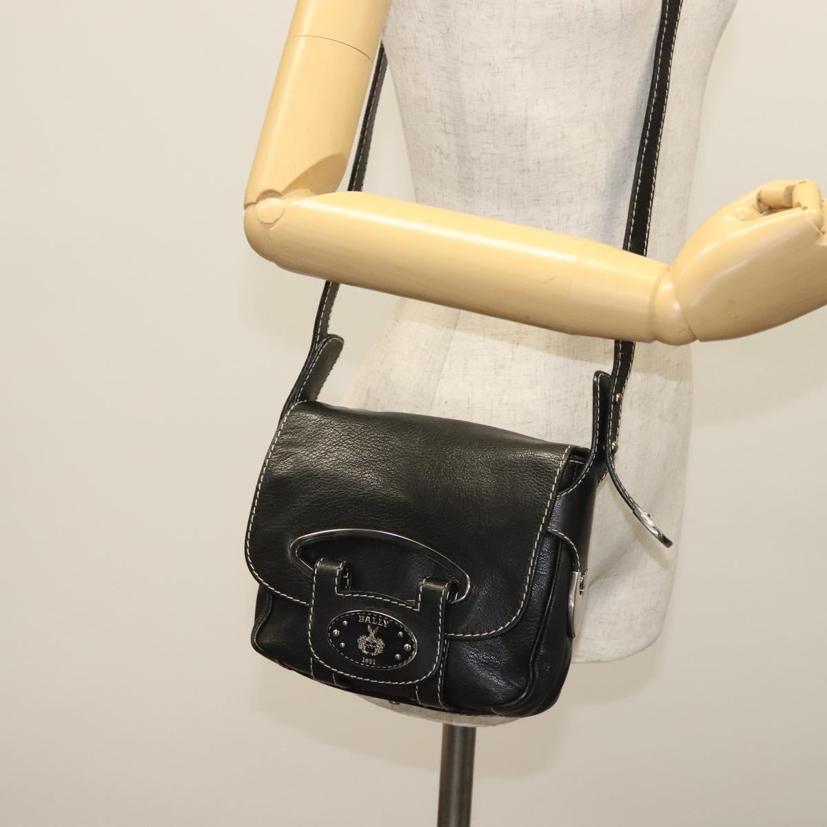 BALLY Shoulder Bag Leather Black Silver Auth BA5493