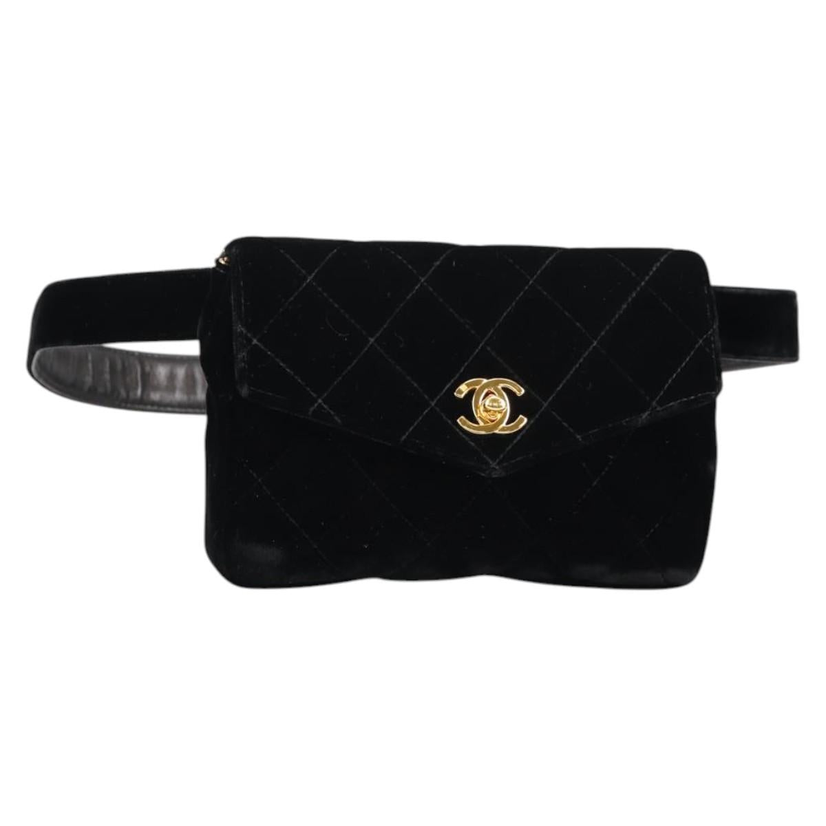CHANEL Matelasse Waist bag Velor Black Gold CC Auth BA5501V