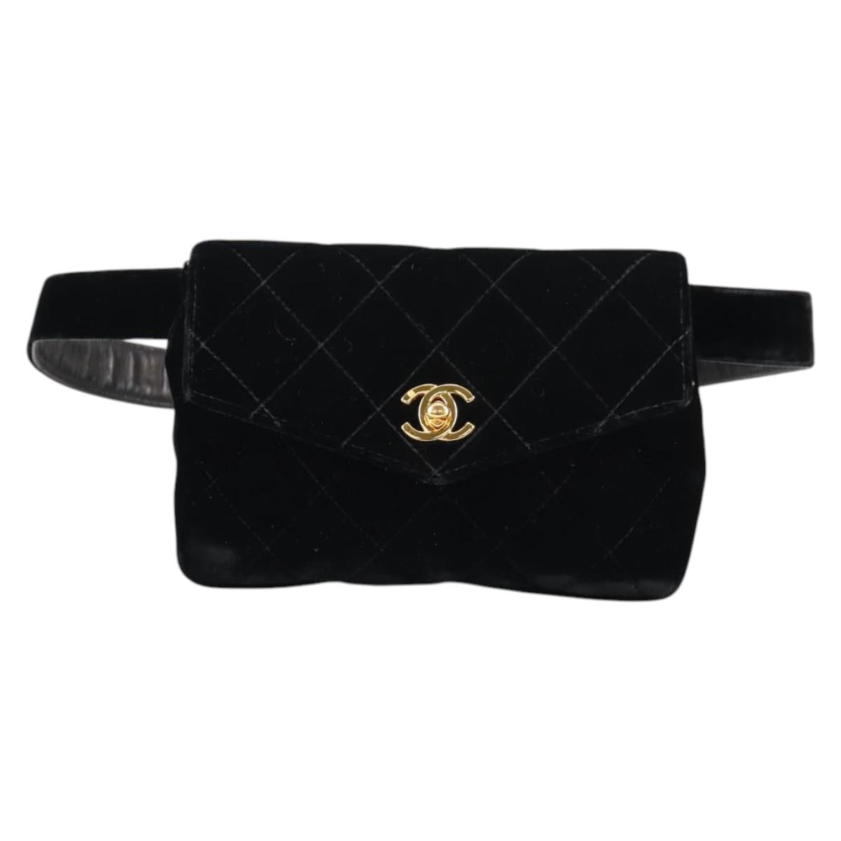 CHANEL Matelasse Waist bag Velor Black Gold CC Auth BA5501V