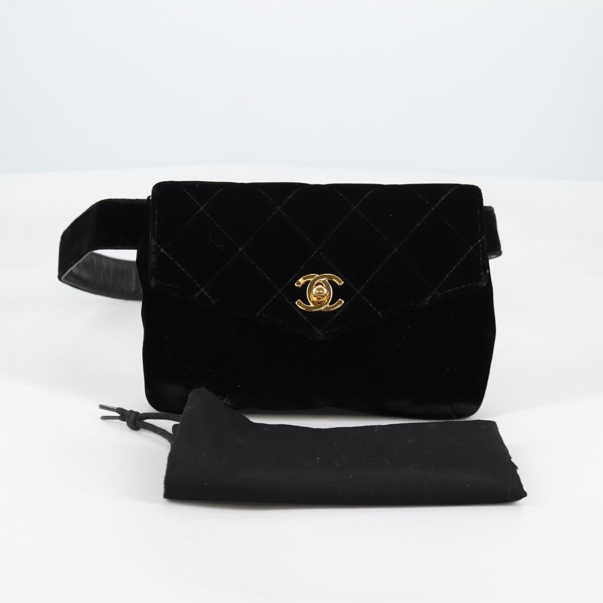 CHANEL Matelasse Waist bag Velor Black Gold CC Auth BA5501V