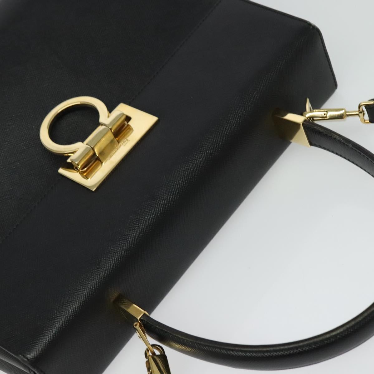 Salvatore Ferragamo Gancini Hand Bag Leather 2way Black Gold Auth BA5503