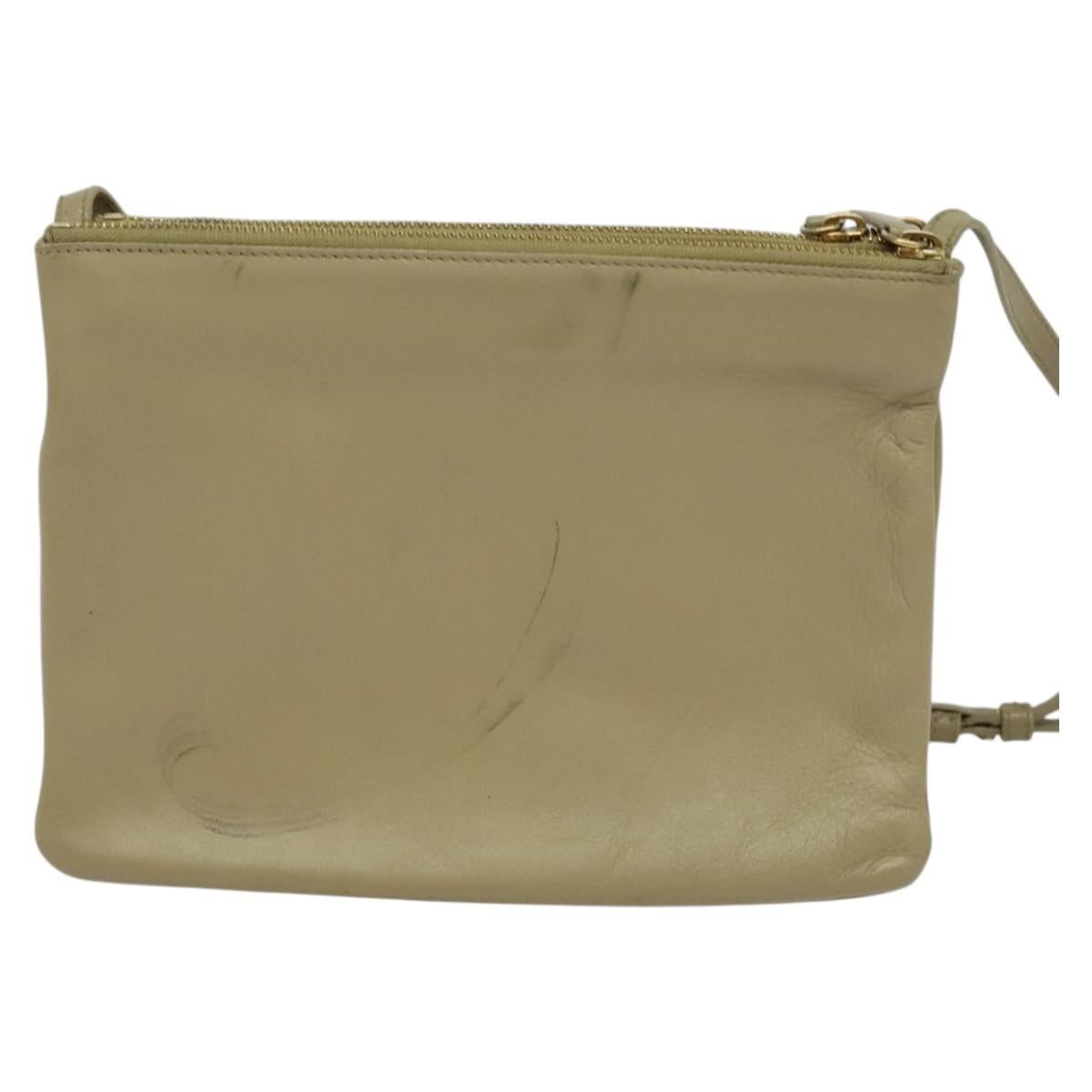 CELINE Trio Shoulder Bag Leather Beige Gold Auth BA5505